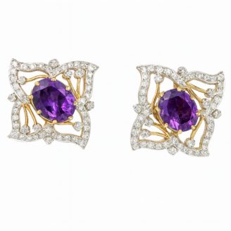 18 KT Gold Amethyst Diamond Luxury Stud Earrings