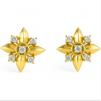 18 KT Gold Diamond Flower Design Stud Earrings