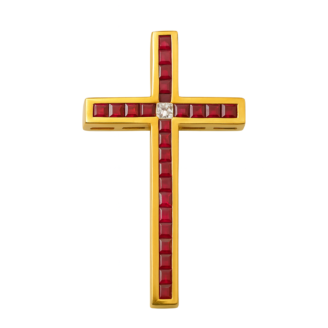 18 KT Gold Ruby & Diamond Cross Pendant