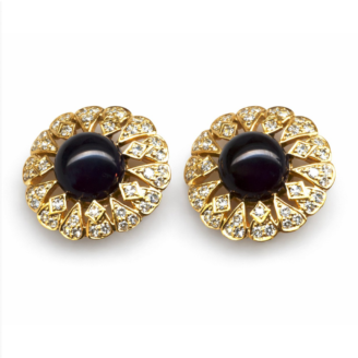18 KT Yellow Gold Black Onyx & Diamond Stud Earrings