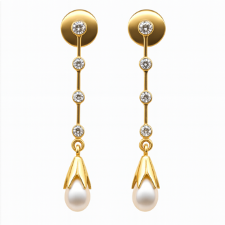 18 KT Gold Pearl & Diamond Elegant Drop Earrings