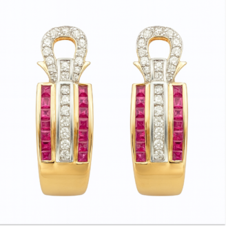 18 KT Gold Ruby Diamond Hoop Earrings