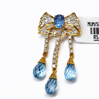 18 KT Gold Diamond Blue Topaz Drop Pendant