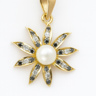 18 KT Gold Diamond Sunflower Pearl Pendant