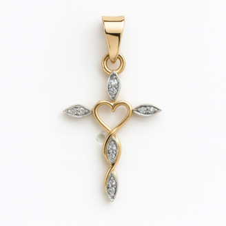 18 KT Gold Diamond Heart Cross Pendant