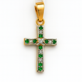 18 KT Gold Diamond Emerald Cross Pendant